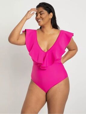 Eloquii Hot Pink Fuchsia Ruffle Deep V One-Piece Tie Waist Swimsuit Size 16